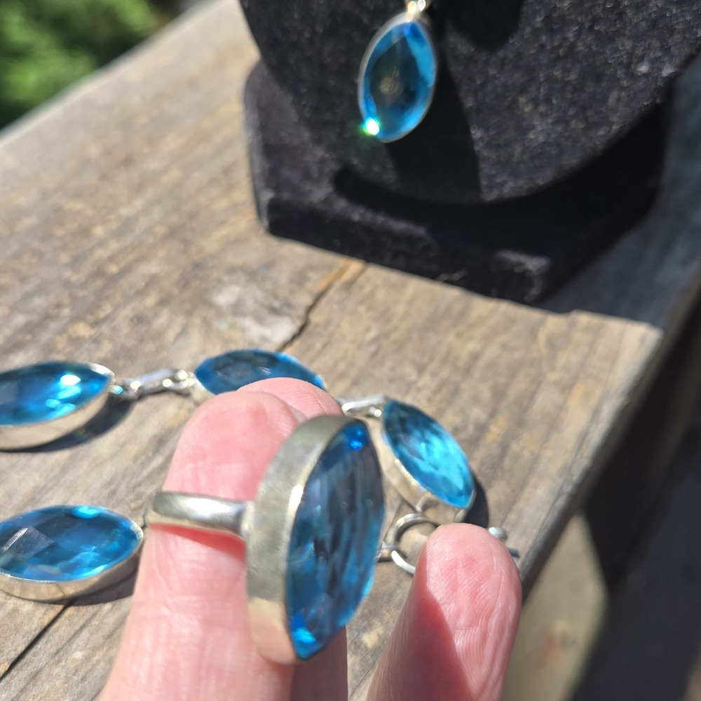 Blue Topaz Teardrop Beveled Necklace 18" Bracelet 10" Ring 4.5 Earring SET - Picture 6 of 11